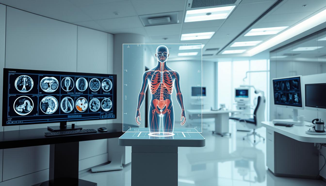 A sleek, modern medical imaging workstation set against a backdrop of clinical white walls and futuristic technology. In the foreground, an AI-powered algorithm visualizes a 3D holographic model of a human anatomy, with intricate details and precise annotations. The middle ground features various diagnostic imaging modalities, including CT scans, MRI images, and ultrasound displays, all seamlessly integrated with the AI system. The background showcases a panoramic view of a state-of-the-art radiology department, where medical professionals utilize the cutting-edge AI-driven tools to enhance their diagnostic capabilities and optimize patient outcomes. Crisp lighting illuminates the scene, creating a sense of clinical precision and technological innovation.